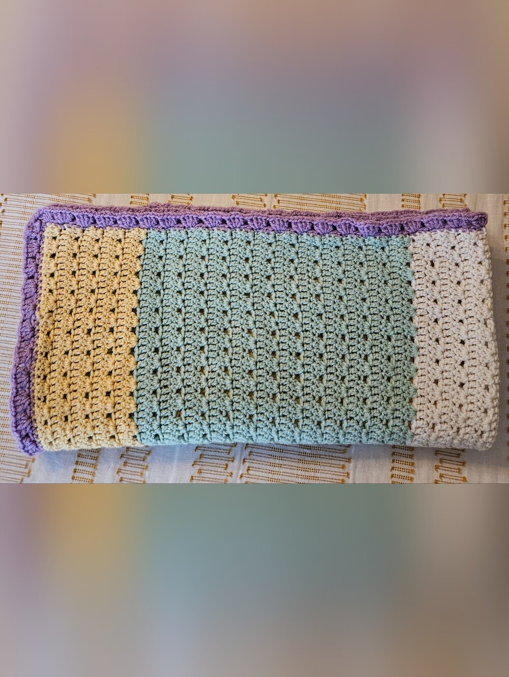 46"x46" Handcrafted Light Mint Crochet Afghan Blanket with Lavender Trim